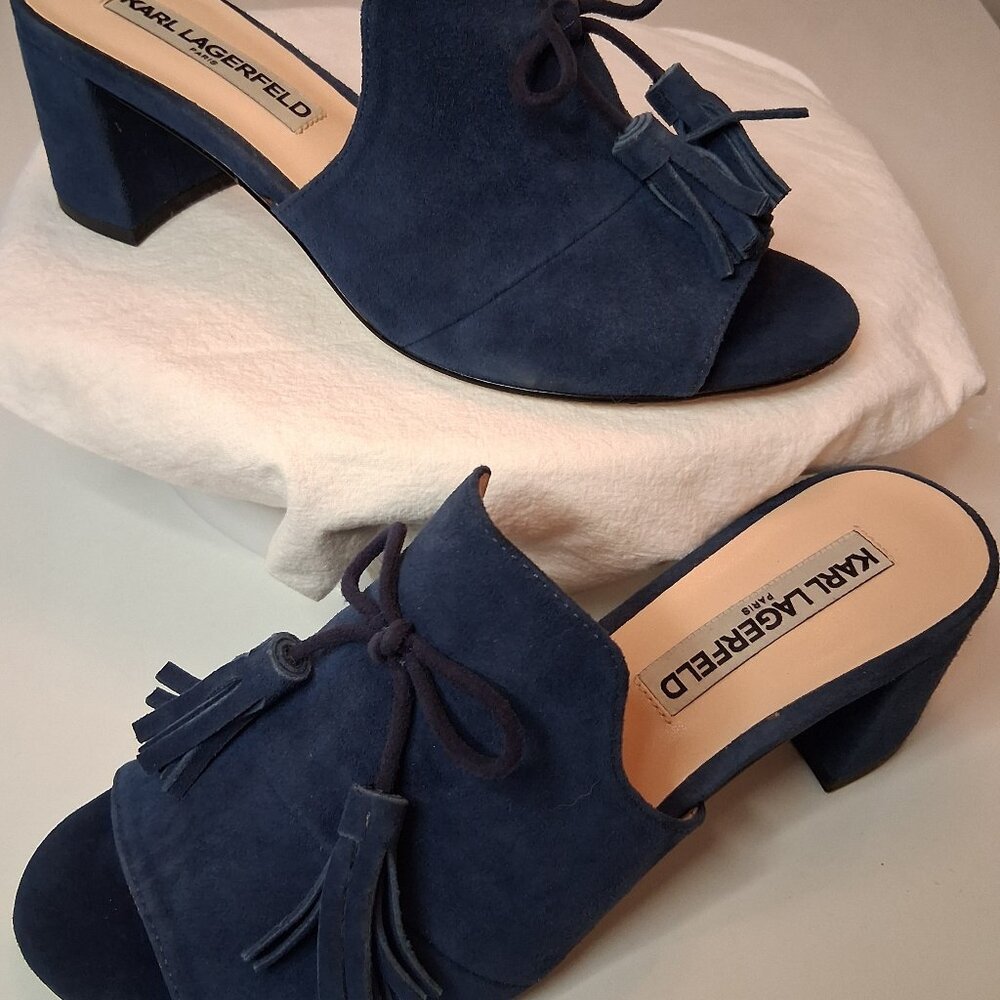 Karl Lagerfeld Paris Blue Suede Tassel Mules Block Heel Open Toe HOLLY Size 6.5